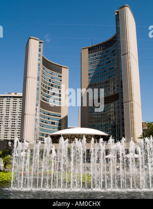Fountains of water in the reflecting pool in Nathan Phillips Square, situated in front of the City Hall, Toronto Ontario Canada Stock Photo