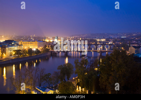 Look over Prague and Vltava at night Prague Czechia Stock Photo