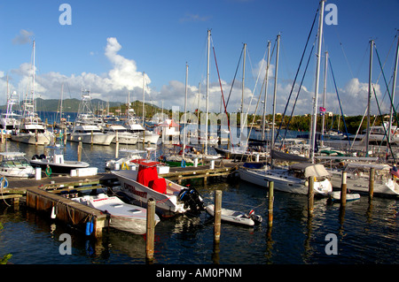 Caribbean, U.S. Virgin Islands, St. Thomas, Red Hook. Popular pier area near the ferry dock. Island of St. John in the distance. Stock Photo