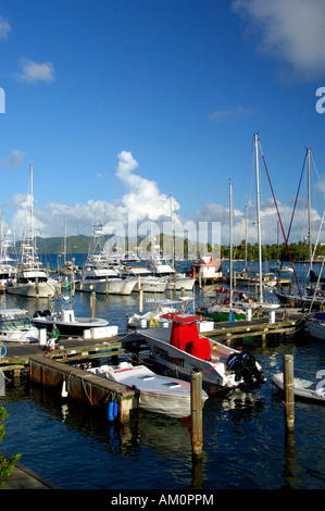 Caribbean, U.S. Virgin Islands, St. Thomas, Red Hook. Popular pier area near the ferry dock. Island of St. John in the distance. Stock Photo