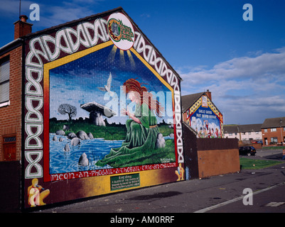 United Kingdom Northern Ireland Belfast Ardoyne mural of a queen of the Tuatha de Danann slain at battle of Tailtiu Béal Feirste Stock Photo