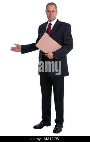 Businessman holding a document wallet with his arm out in a welcoming gesture Stock Photo