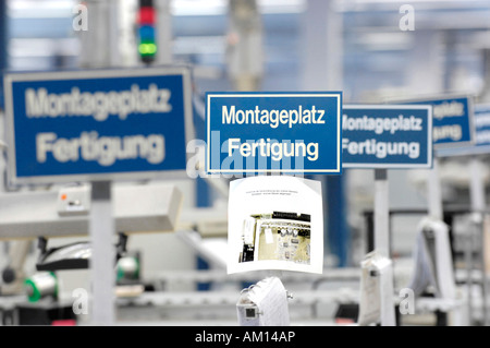 Sign: ' Working place assambly', Loewe AG - production of television receiver, Kronach, Germany Stock Photo