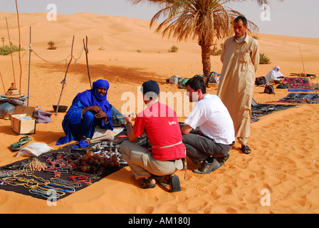 Touareg near Umm al-Ma'a salt lake, Ubari desert, Libya Stock Photo