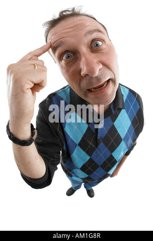A man shows his dislike. Photo made with a fisheye-lens. Stock Photo