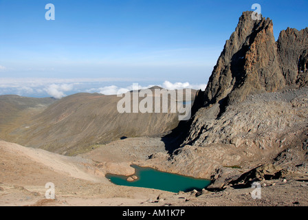 Rocky mountain top Point John (4883 m) with green glacier lake Lewis Tarn Mount Kenya National Park Kenya Stock Photo