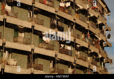 Laundry hang from the top of an apartment block in the city of Beira. Mozambique, Southern Africa. Stock Photo