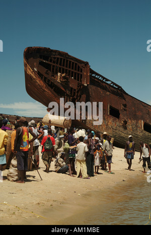 An old rusty tanker shipwreck on the beach of Beira. Mozambique, Southern Africa Stock Photo