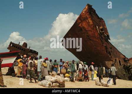 An old rusty tanker shipwreck on the beach of Beira. Mozambique, Southern Africa Stock Photo