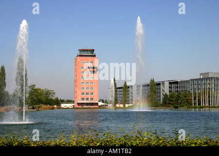 Trade Fair Centre Munich Muenchen Riem  and old airport tower Bavaria Germany Stock Photo