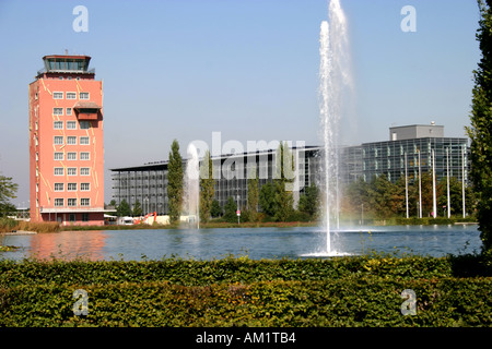 Trade Fair Centre Munich Muenchen Riem and old airport tower Bavaria Germany Stock Photo