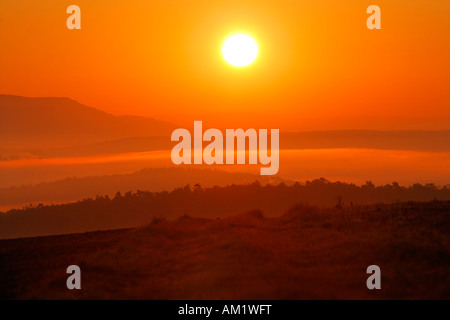 Sunrise, Rhoen-Grabfeld, Franconia, Bavaria, Germany Stock Photo