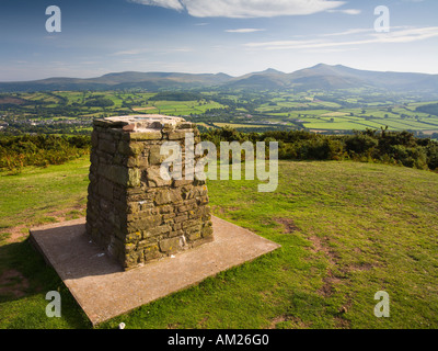 Trig point at the top of Pen y Crug hillfort overlooking Brecon and the Usk valley Brecon Beacons National Park Wales UK Stock Photo