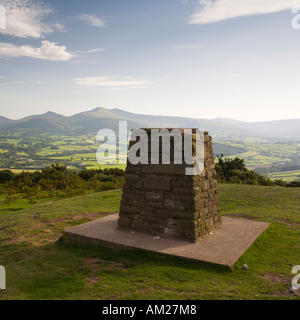 Trig point at the top of Pen y Crug hillfort overlooking Brecon and the Usk valley Brecon Beacons National Park Wales UK Stock Photo