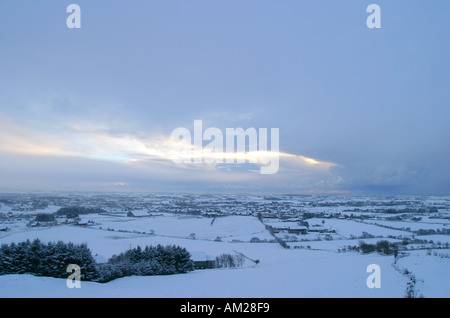 Snow-covered trees fill the frame in a winter landscape, with branches ...