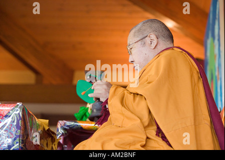 HH Penor Rinpoche Tibetan born Supreme Head of Nyingmapa Buddhism presides over Amitabha Empowerment at Meditation Mount in Stock Photo