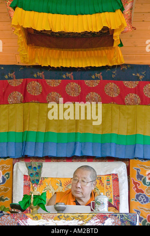 HH Penor Rinpoche Tibetan born Supreme Head of Nyingmapa Buddhism presides over Amitabha Empowerment at Meditation Mount in Stock Photo