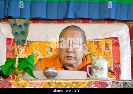 HH Penor Rinpoche Tibetan born Supreme Head of Nyingmapa Buddhism presides over Amitabha Empowerment at Meditation Mount in Stock Photo