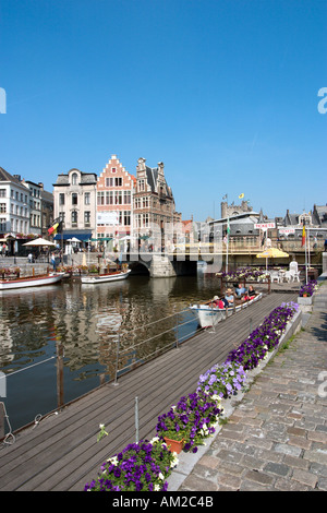 Excursion Boats at Graslei looking across to Korenlei in the city centre, Ghent, Belgium Stock Photo