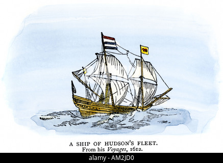 Ship of a Henry Hudson expedition in the early 1600s. Hand-colored woodcut Stock Photo