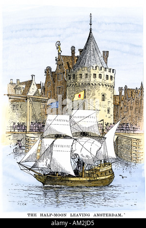 Henry Hudson ship Half Moon leaving for the New World 1609. Hand-colored woodcut Stock Photo