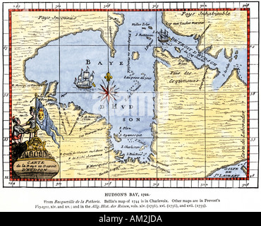 French map of Hudson Bay and Hudson Strait in Canada 1722. Hand-colored woodcut Stock Photo