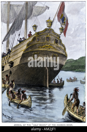 Henry Hudson ship Half Moon arriving at Manhattan Island 1609. Hand-colored halftone of an illustration Stock Photo