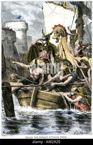 Viking raider Rollo the Ranger attacking Paris via the River Seine 885 AD. Hand-colored woodcut Stock Photo