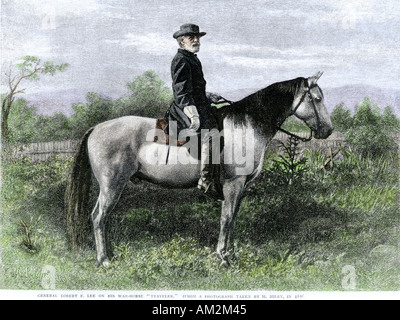 Confederate General Robert E Lee on his favorite war horse Traveler. Hand-colored woodcut of a photograph by M. Miley Stock Photo