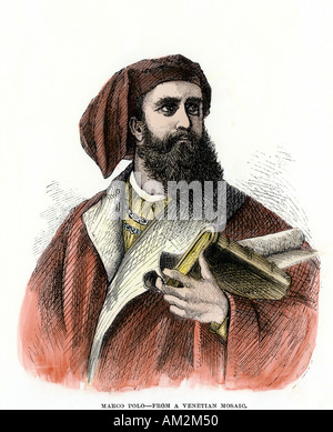 Venetian explorer Marco Polo. Hand-colored woodcut Stock Photo