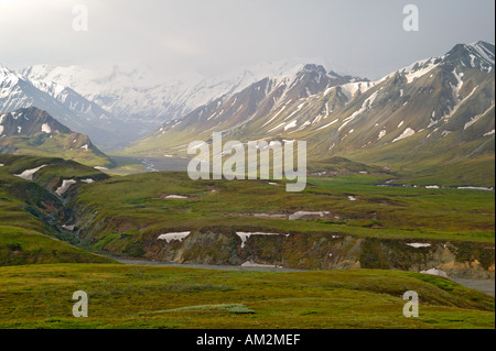 View from the road in Thorofare Pass looking accross Gorge Creek up the Thorofare River Denali National Park Alaska Stock Photo