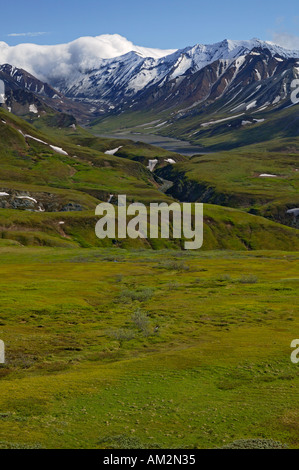 View from the road in Thorofare Pass looking accross Gorge Creek up the Thorofare River Denali National Park Alaska Stock Photo