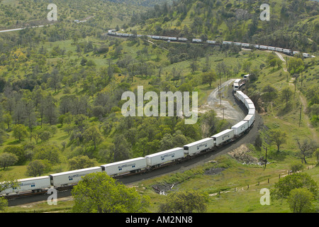 The Tehachapi Train Loop near Tehachapi California is the historic location of the Southern Pacific Railroad where freight Stock Photo