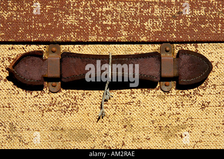 Leather handle on an old suitcase severn valley railway bewdley station uk Stock Photo
