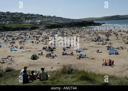 Polzeath Beach Cornwall August Bank holiday Overcrowded surfing conditions Stock Photo