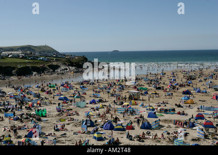 Polzeath Beach Cornwall August Bank holiday Overcrowded surfing conditions Stock Photo