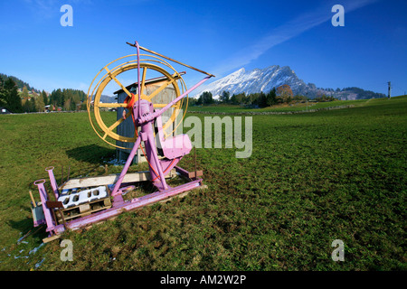 Climate Change? Ski lift without snow, Amden, St. Gall, Switzerland Stock Photo