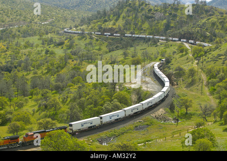 The Tehachapi Train Loop near Tehachapi California is the historic location of the Southern Pacific Railroad where freight Stock Photo