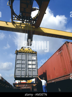 Container being loaded onto lorry by self-propelled loader at Niehl 1 ...