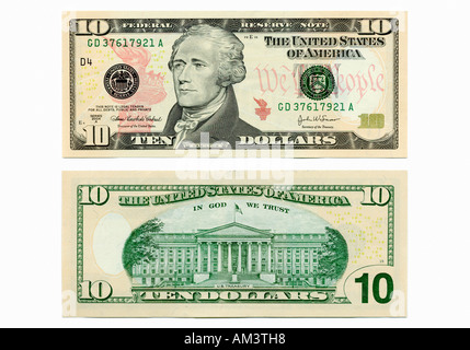 Front and back side of the new ten dollar bill Stock Photo