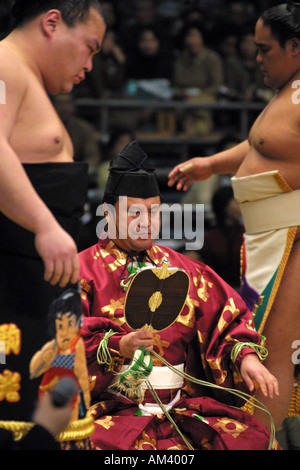 Sumo wrestling referee waiting for the grand opening ceremony at the Spring Sumo Wrestling tournament in Osaka Kansai Japan Asia Stock Photo