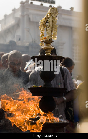 Close-up of a burning oil lamp, Tirupati, Tirumala Venkateswara Temple, Tirumala, Andhra Pradesh, India Stock Photo