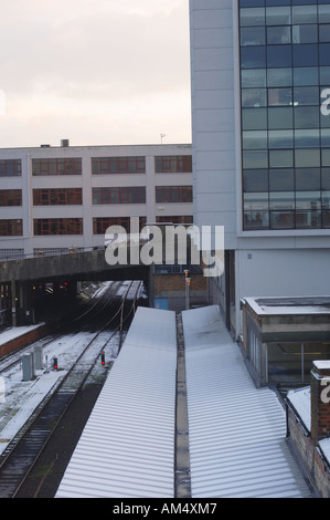 Railway tracks in snow at Harrogate North Yorkshire England Stock Photo