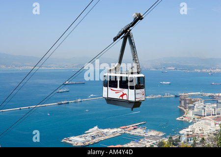 Cable Car and view over the harbour towards the Spanish mainland from the Upper Rock, Gibraltar, Stock Photo