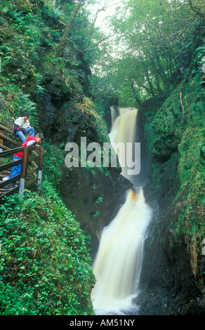 two boys looking at Ess-na-Larach Waterfall in the Glens of Antrim in Northern Ireland Stock Photo