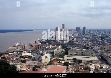 View of downtown Guayaquil, Ecuador, showing the Malecon 2000 pedestrian walkway and the Rio Guayas. Stock Photo