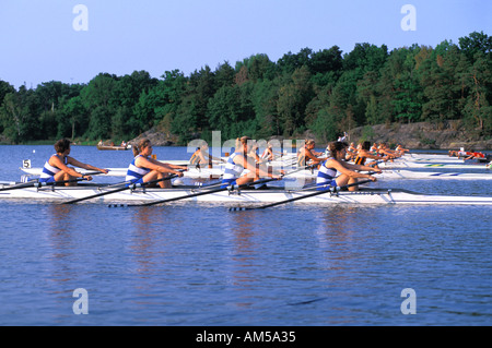 TEAMWORK COOPERATION ROWING COMPETITION FARSTA STRAND  Stock Photo