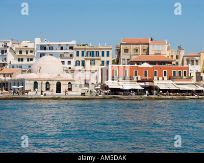 The Venetian harbor with the Mosque of the Janissaries, Chania, Crete, Greece, Europe Stock Photo