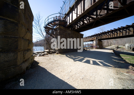 Railroad bridge crossing the Potomac river at Harper's Ferry seen from the Maryland side. Historic C and O Canal is on the right Stock Photo