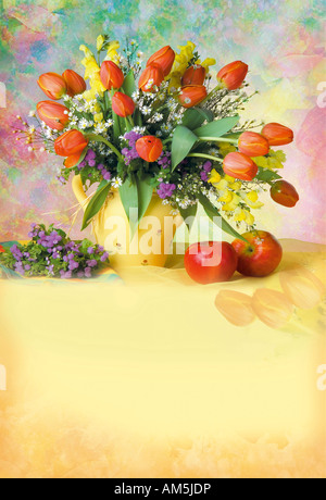 Studio vertical arranged red bunch bouquet of tulips in a vase on a green yellow pastel background Stock Photo
